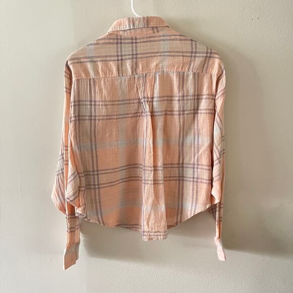 Free People Cutie Plaid Button-Up Shirt Womens XS Peachy Casual Cropped Top - Picture 3 of 8
